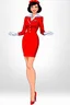 Placeholder: pin-up style realistic cartoon of 50 year old French brunette stewardess in short and tight, well-fitting red uniform dress with green eyes, very red lips and long eyelashes with shiny red very high heels, white long opera gloves