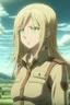 Placeholder: Screenshot from Attack on Titan. Woman with long blonde hair with brown wavy roots, light brown slanted eyes, light brown skin, dressed in the uniform of the Reconnaissance Legion, the background is a landscape Screenshot from MAPPA Studios, Attack on Titan Season 4