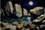 Placeholder: Rocks, night, 2000's sci-fi movies influence, edouard manet impressionism painting