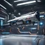 Placeholder: futuristic space gun inside a high tech armory
