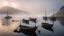 Placeholder: Fishermen’s boats anchored around a harbour in the Faroe Islands near a fishing village, fishermen putting fishing nets on their boats, mist covering the distance, calm sea, early morning, sunrise, the moment the sun rises, beautiful romantic photograph, excellent composition, atmospheric, realistic