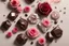 Placeholder: top view of roses, diamonds and chocolate bonbons in sunshine