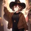 Placeholder: Clear focus, High resolution, short brown spiky hair, hair between eyes, eyes closed, wearing a brown detective hat, wearing a brown jacket and a black shirt, wearing black shorts, 1girl, pulling hat down, smiling, wearing a oversized hoodie