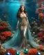 Placeholder: Fullbody excellent pose gorgeous photography art realistic,cinematic realistic colors,soft blur ,natural beauty, of young woman, smiling, beautiful, shiny grey eyes, make up,Queen Persian style, shiny baubles, ornate, large gemstones, shiny molten metalics, shiny wire filigree, brown hair, high definition, Walk in underwater scene teeming with colorful coral, many full fish,clownfish, and gentle sea turtle