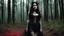 Placeholder: The Dark Lord's Granddaughter is a witch with her bloody fangs, covered by tattoos and lace agent provocateur dress [vintage style noisy scratches glitches, Shot the texture and then rewound the film and double exposed from a 1970 B series movie] in the forest in front of her Hutt