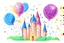 Placeholder: a sparkling star, a castle, elements like balloons and confetti. children book style illustration.