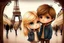 Placeholder: cute blonde blue eyed chibi girl and a brown haired brown eyed mexican chibi boy in love in Paris