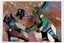 Placeholder: two arafed persons arguing in ritual combat stance, afrofuturism, arafed angularity, aztec vibe, patchwork vibe, side view, aztec room with extreme body action, sharp color contrasts, amazing shadows, exaggerated limbs and heads, minimal cozy, warm palette, bright bold warm summer colors, ritual scene, futuristic tribal style, Aztec influence, sculptural helmets, spiked headdress, geometric borders, patterned red rug over dark wooden floor, tribal ceramic vases with potted plants