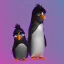 Placeholder: Hipster penguin with look and fashion from THE1970's. Retro clothing style. long hair. Plays in a Rock band.