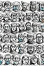 Placeholder: diferent medieval faces of diferent medieval people with diferent expressions, some dramatic, somo happy. the style is minimal black and white stamp. in the sheet there are more than 5. very diverse court memebers and everyday people. man, woman, kids. white background