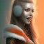 Placeholder: A beautiful portrait of a cute woman orange color scheme, high key lighting, volumetric light high details with white stripes and feathers and celtic paterns, animal skin-color-grey-jacket, long-sharp-teeth-front of vampire, cute smile