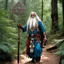 Placeholder: [photo in the forest by Kevin Eastman and Peter Laird] A tall and powerfully built stern looking Indian sage with long white hair and a long beard is walking across thickly forested mountains in a determined manner. In his right hand he holds an ornate battle axe with Hindu holy symbols. In his left hand he holds prayer beads called rudraksha.