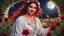 Placeholder: Hyper Realistic close-view of Young Beautiful Happy Pashto Woman & with-beautiful-eyes-&-lips in a white-frock-&-Maroon-ribbon with-a-red-rose-in-her-hair happily-whirling in a beautiful flower garden at-beautiful-full-moon-night & grass-arches showing dramatic & cinematic ambiance.