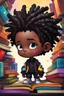 Placeholder: A sassy futurism ABSTRACT colorful art cartoon black chibi BOY LOOKING DOWN, surrounded by colorful BOOKS. Looking up coyly, she grins widely, showing her Teeth. Highly detailed black shiny dread locs , regal expression.