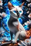 Placeholder: breathtaking cinematic 3D render illustration of a slender purebred Siamese cat, featuring its iconic wedge-shaped head, large ears, piercing blue eyes, and a mesmerizing smooth flat coat. The cat is surrounded by delicate apple blossom flowers and framed by intricate line art, highlighting its fine details. The composition bursts with vibrant splashes of fire and ice, seamlessly blending these elements. Dynamic water splashes add drama, and a black background accentuates the rich color palette