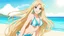 Placeholder: Attractive Anime Woman With Very Long Blonde Hair, Bikini, Full Body In Frame, Beach, Red Cheeks, Skinny, Looking At Camera, Smiling