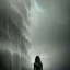 Placeholder: A princess standing in wait. Heavy cold rain. Thunderstorm. An engineer looking up. Futuristic scenary. Gray mist.