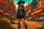 Placeholder: photorealistic exotic sci-fi steampunk slim pin-up girl in black shoes, in a futuristic sci-fi wild west town