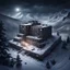 Placeholder: Hyper Realistic areal view of an dark abandoned hospital on the top of a mountain at heavy snowfall night