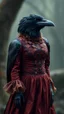 Placeholder: a crow wearing a woman dress , realistic , pro photography , high quality, and cinematic scene