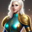 Placeholder: D&D character, female, cleric, platinum blonde hair, gold eyes, smile, teal armor