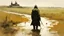 Placeholder: A man in a raincoat, a field, an embankment, against the background of a distant ancient Russian monastery, post-apocalypse, thick black penci, by Ashley Wood