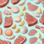 Placeholder: delicious steak and seafood. illustration 3d style. HD. soft pastel color