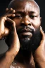 Placeholder: close up 48 years old nigerian carpenter man hands behind the head , in an abandoned warehouse, serious, bearded burly chubby , serious eyes, under the shower, wet, dripping water, manly torso, photorealistic, 50mm photo, ambient occlusion , side view from the ground