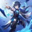 Placeholder: Genshin woman, Clear Focus High resolution, Calm Background, Light skinned woman, Black long beatiful hair, Dark blue sparkling eyes, Very Beatiful Face, Splash art, Battle Scene Epic, Jumping Pose