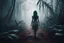 Placeholder: realistic scene surrealis horror girl walking in the jungle path, bold mist, fog, cinematic, dramatic lighting