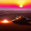 Placeholder: volumetric dramatic desert Battle scene with futuristic hovering military armored Hovercraft tank painted by chris foss, Laser turret, floating, 4k, 8k, Minutiae, highly detailed, rivets, hovering, stripes, sunset [duststorm, nimbus clouds]