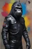 Placeholder: general Aldo the black gorilla military leader from Planet of the Apes wearing a clean, black leather jacket, dark colored shirt, dark leather trousers and black slip-ons and a black helmet - extremely colorful, multicolored paint splattered wall in the background, oil painting by Leonardo da Vinci