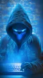 Placeholder: hacker with blue screen as facee using a keyboard, unreal engine, 3d, hoodie, golden light in background, light shafts