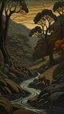 Placeholder: A dark grayish brown canyon with tar pits painted by Paul Ranson