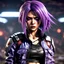 Placeholder: young alluring touch battle-scarred purple-haired Navajo female futuristic assassin, jean jacket and black shirt, dark eyeshadow, Tekken style, video game character, Tekken fighter, post-apocalyptic hellscape background