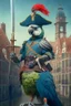 Placeholder: Half parrot half human in a 1700s Dutch military uniform holding a sword next to a Dutch city