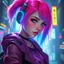 Placeholder: a pretty cyberpunk girl, bright coloured hair, dreaming of escape, young, futuristic, dystopia