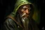 Placeholder: 1970's dark fantasy cover dnd style oil painting frontal profile picture of an old herbalist hobo like hero.