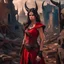 Placeholder: a beautiful tiefling woman with dark hair in a sleeveless battle outfit, amidst the ruins of a medieval town destroyed by war, photo quality, the whole scene in dark red colors