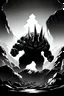 Placeholder: A beam shines in the middle of an immense and dark cave, greyscale