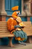 Placeholder: Half parrot half human in a 1700s Orange Dutch uniform siting on a bench in a Dutch city eating a loaf of bread