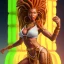 Placeholder: dhalsim as woman with dreads,big pile of melons,small hands, maze background , levitated lab equipment, 4k, Highly Detailed, Masterpiece, perfect eyes, Digital Illustration, Cinematic Lighting, Realistic, Sharp Focus, Centered, Beautifully Lit, Bioluminescent by Stanley Artgerm Lau