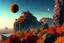 Placeholder: autumn vegetation, exoplanet in the horizon, big stones, cliff, science fiction.