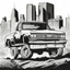 Placeholder: pickup truck , silhouette, comic book, post-apocalypse, white background,