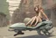 Placeholder: young woman astride a large hoverbike, with no wheels, floating on an alien street