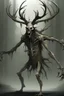 Placeholder: wendigo with deer skull covering head and face, fingers ending in claws with long arms reaching knees which bend backwards, eyes that are sunken back, its body emaciated, full body image