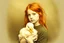 Placeholder: Beautiful golden red hair girl holding duck portrait in ochre, moody, somber, desaturated colors