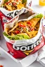 Placeholder: "Taco in a Bag" which consists of an open Doritos chip bag with sides rolled down, containing Doritos chips and cooked ground beef and lettuce and shredded cheese and chopped tomato pepper and onions and topped with more nacho chips, plastic fork, food blogger photography