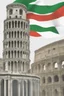 Placeholder: Imparare l'italiano. Gli studenti imparano la lingua, mentre dietro sullo sfondo l'alfabeto italiano. Torre Pendente di Pisa, Colosseo e bandiera italiana.