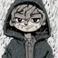 Placeholder: a closeup of a bored psychopathic young man no eyes in a heavy coat during a rainstorm cartoon